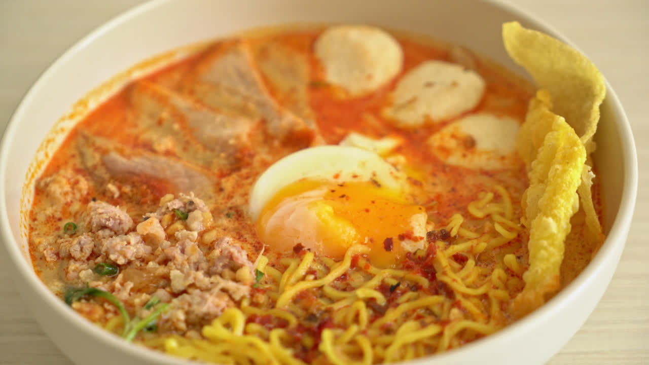 fideos de huevo con carne de cerdo y albóndigas en sopa picante o fideos tom yum al estilo asiático