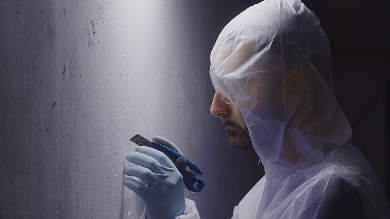 Preparing crime evidence from wall for forensic analysis, middle shot of investigator