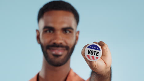 vote pin, man and face with badge for politics