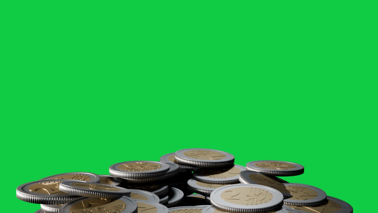 Camera pulling back coins sliding out then returning and settling to reveal stack on transparent bg