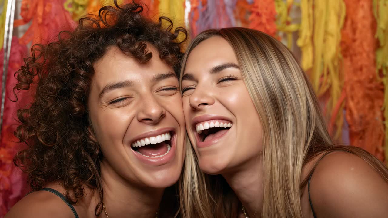 Laughing women leaning heads together sharing joy, camera starting at studio with ribbons