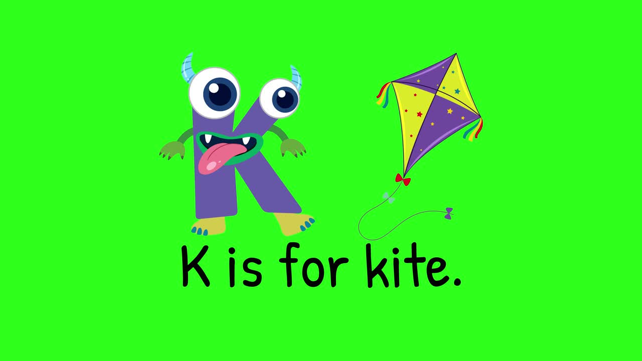 Playful animation of letter K with a kite on a vibrant green background. Engaging visuals for educational content