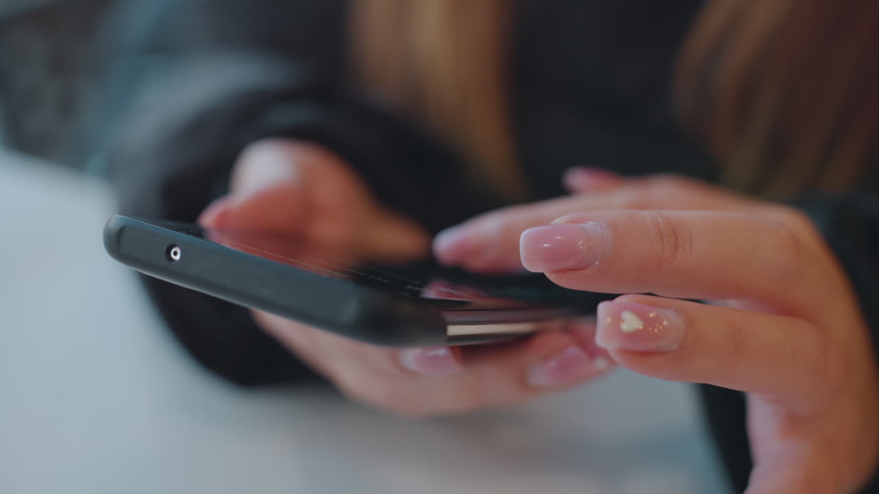 Mani in primo piano che toccano uno smartphone sul tavolo, studente che controlla un'app per pagamenti e messaggi, illuminazione interna soffusa, unghie curate, manica di giacca nera visibile, gesti intenzionali delle dita, profondità di campo ridotta.