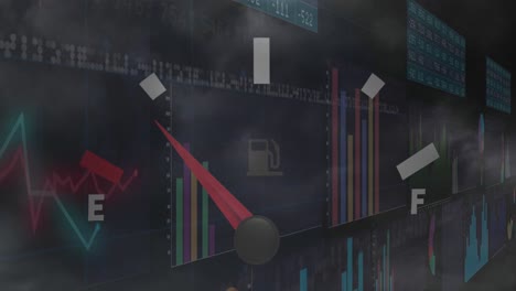 animation of financial data processing and over fuel gauge