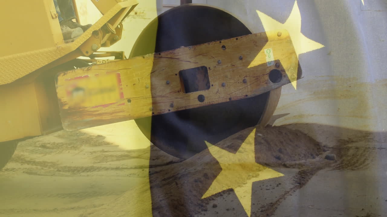 Construction equipment operating on sandy ground with Chinese flag overlay animation