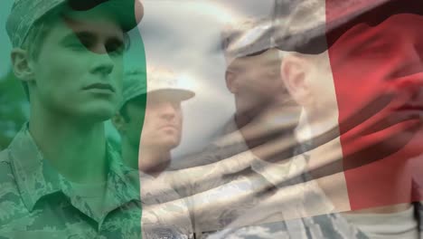 animation of flag of italy over diverse male soldiers