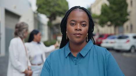 serious face, business and black woman with arms