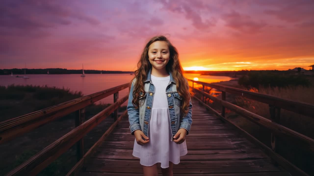 Caméra effectuant un zoom avant, fille en veste en jean et robe blanche marchant et souriant sur une jetée, soleil se reflétant