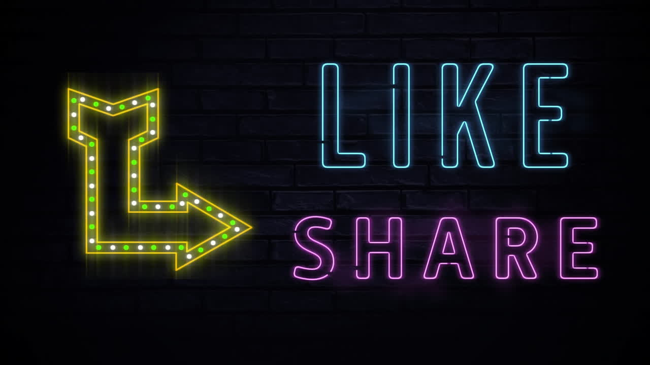 Animation of neon style words Like and Share flickering on black bricks background