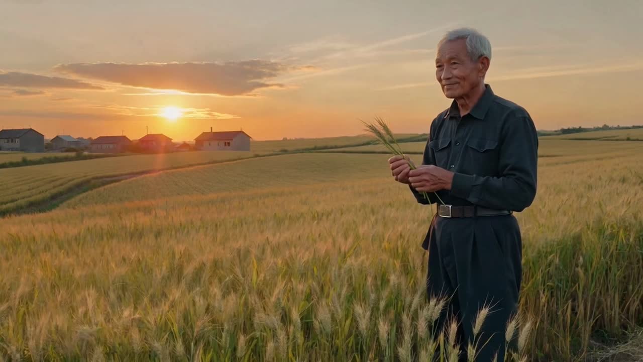夕焼けの畑で、穏やかなアジアの農夫が作物の実りを慈しむ