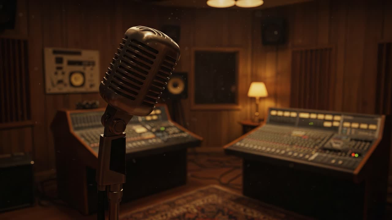 A Vintage Microphone in an Ambient Recording Studio Setting, Highlighting the Equipment and Atmosphere of Music Production and Creative Sound Engineering.