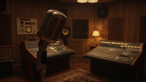 a vintage microphone in an ambient recording studio setting, highlighting the equipment and atmosphere of music production and creative sound engineering.