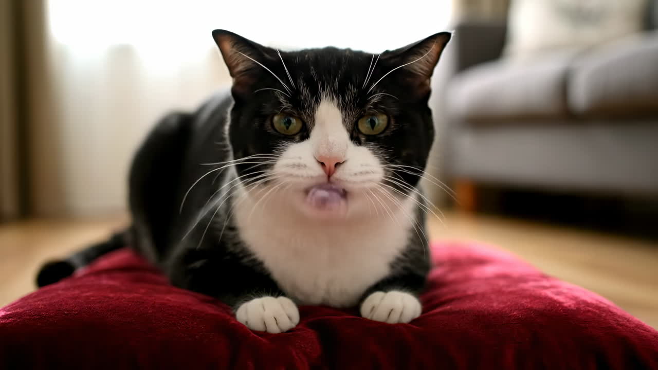 Cat blowing a bubble gum bubble. A curious cat sits on a cushion, blowing a large pink bubble with bubble gum. It looks surprised and playful