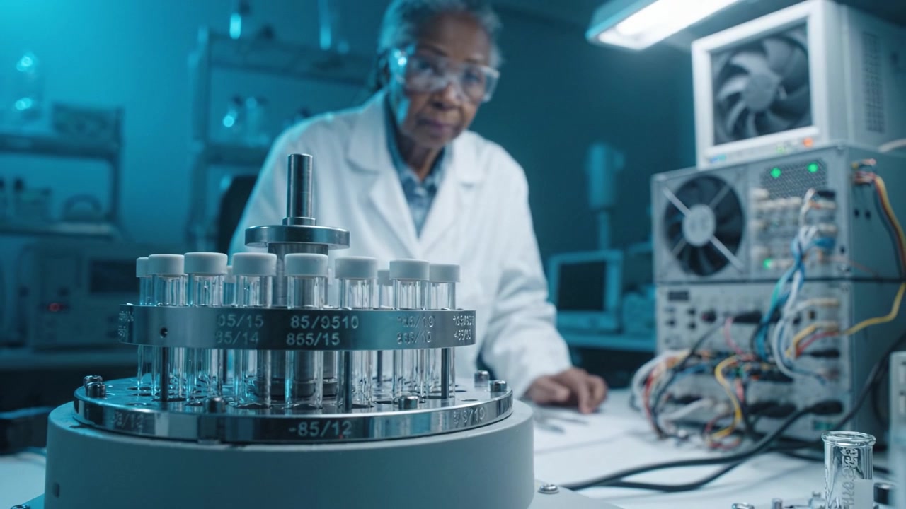 Scientist Analyzing Samples in a Laboratory Setting with Advanced Equipment and Glass Test Tubes for Research and Development Purposes