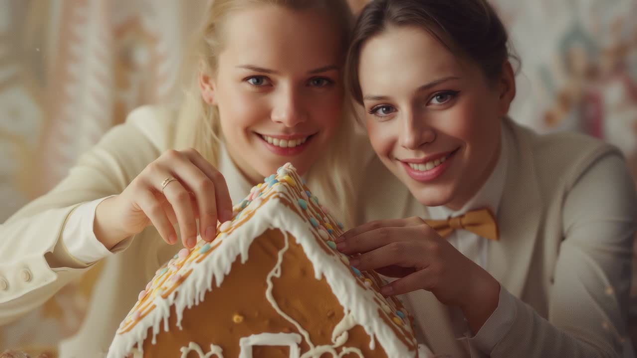 Camera starting two women placing candy pieces on gingerbread house at home table, holiday crafting