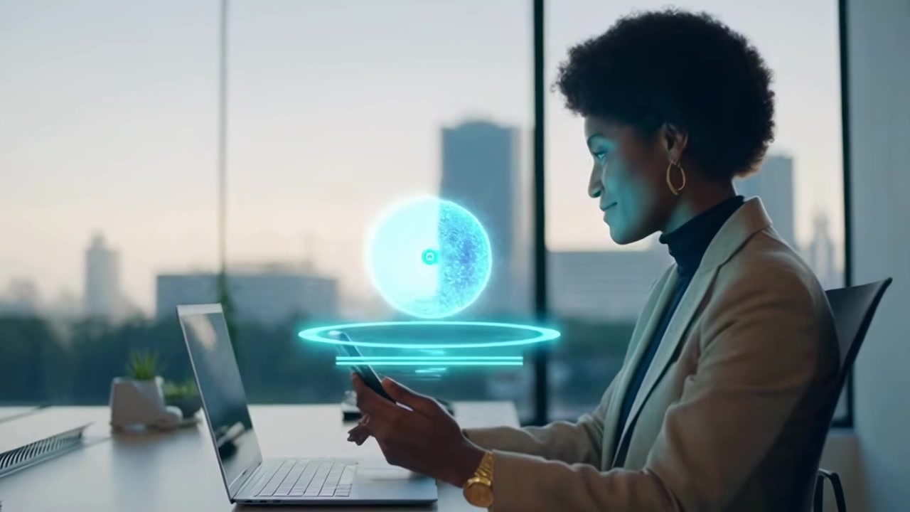 Black Woman Interacting with AI Chatbot in Modern Office