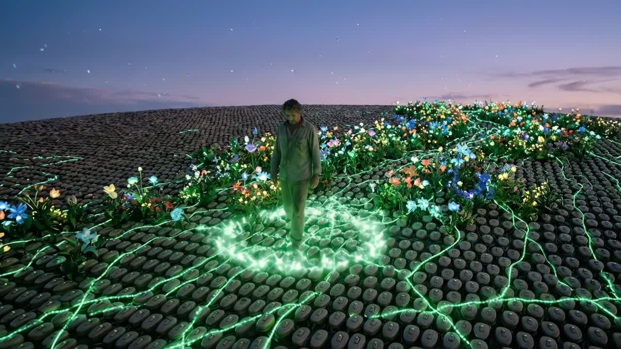 Man Walks Through a Glowing Futuristic Flower Garden at Dusk