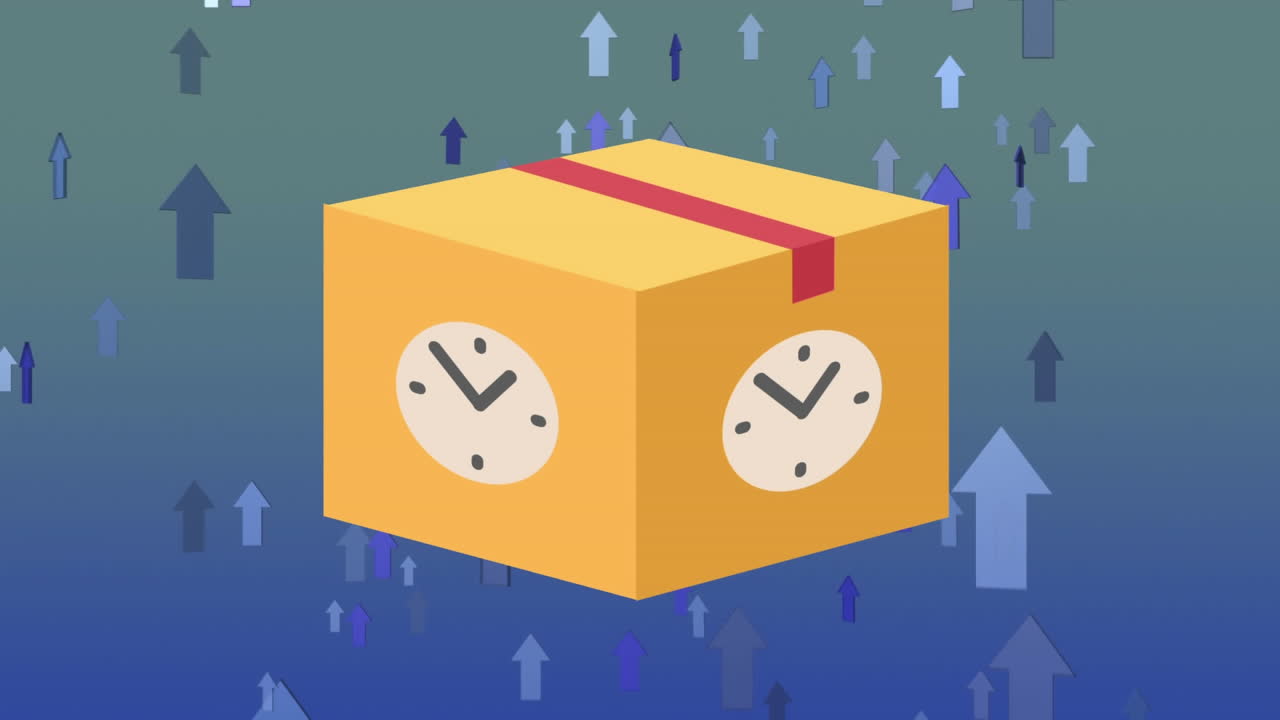 Digital animation of delivery package box with ticking clocks against multiple arrows moving upwards