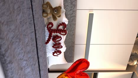 Love-pillow-a-teddy-bear-and-heart-shaped-balloons-on-a-bed---3D-interior-render-vertical