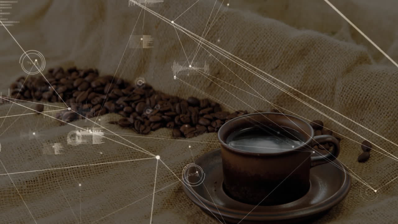 Brown ceramic coffee cup sitting on burlap cloth, showing digital network nodes and bar charts