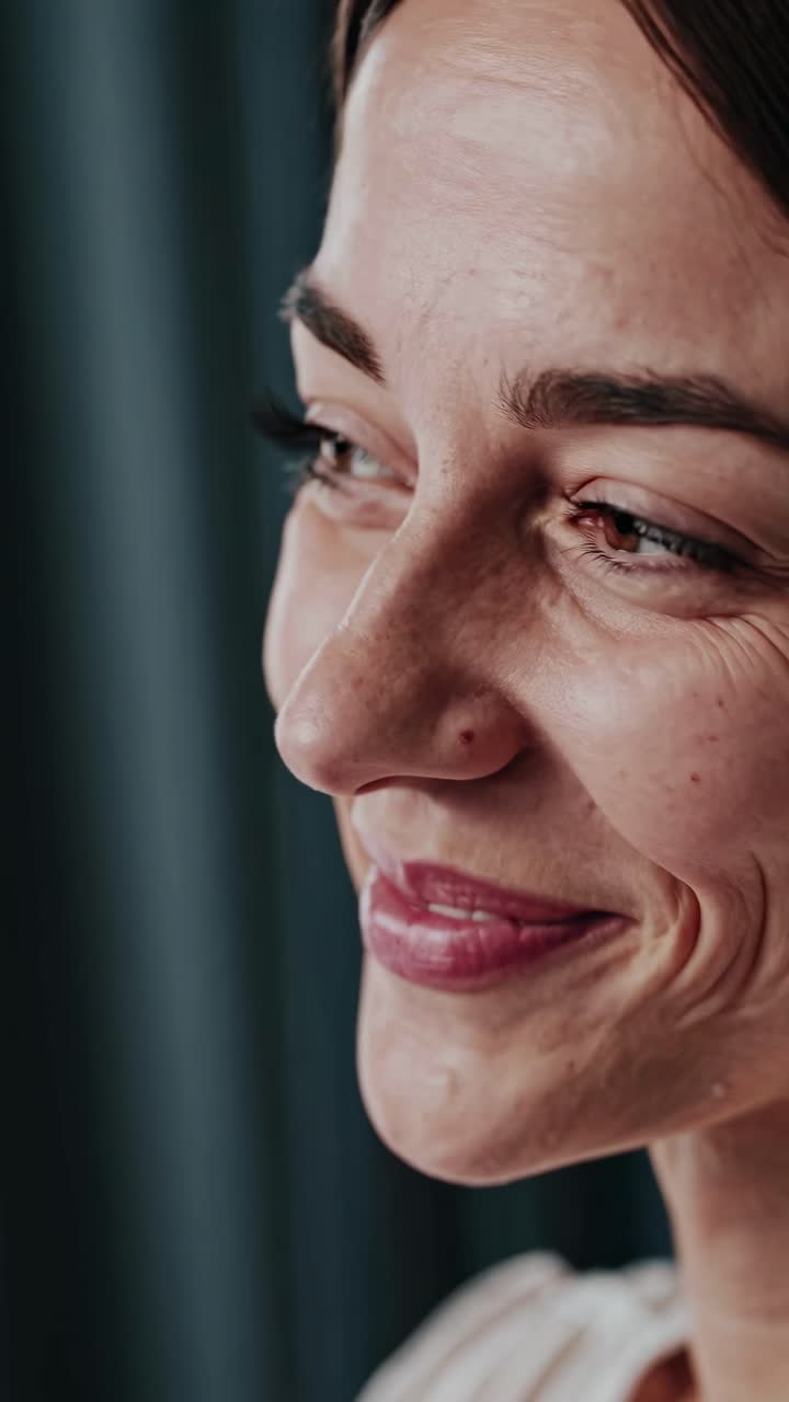 Close-up video frame of a smiling woman, capturing natural beauty and emotion