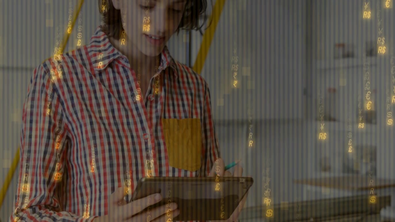 Young Woman Using Tablet with Digital Financial Currency Symbols Overlay