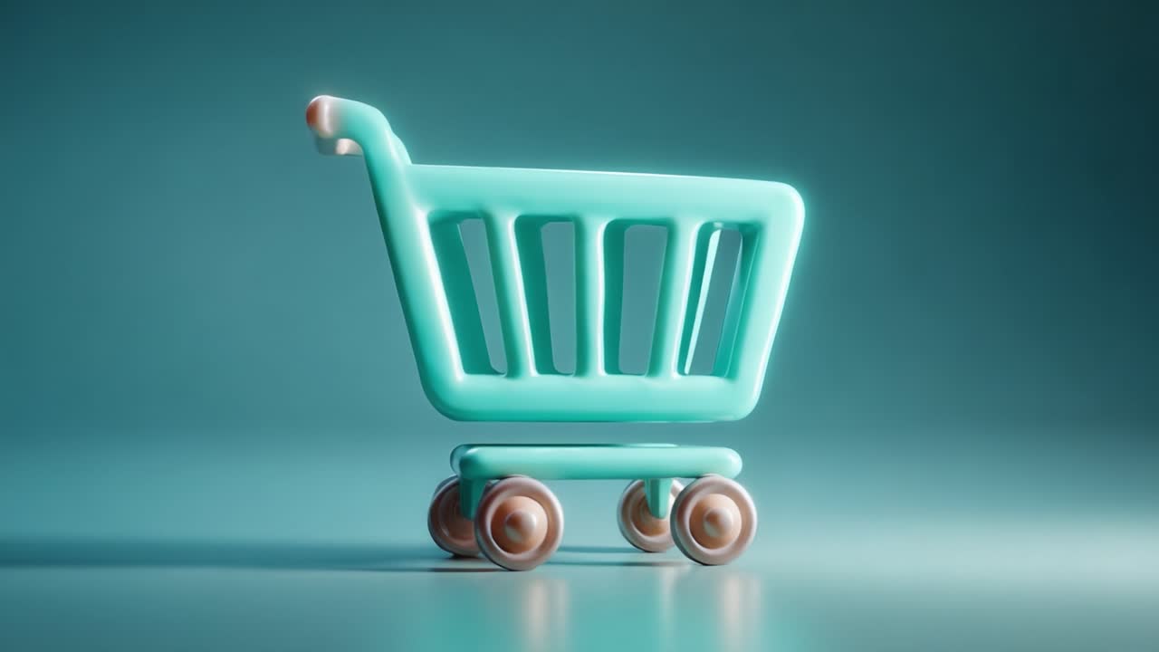 Un design di carrello della spesa elegante e moderno in rendering 3D, catturato in due fotogrammi, che ne mostra la forma unica, i colori e la finitura liscia su uno sfondo minimalista.