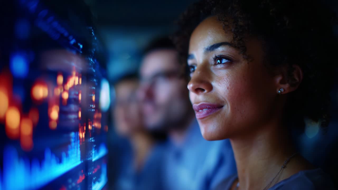 An engaged individual closely observes digital data analytics, reflecting concentration and curiosity while surrounded by colleagues, highlighting the power of technology in modern workplaces