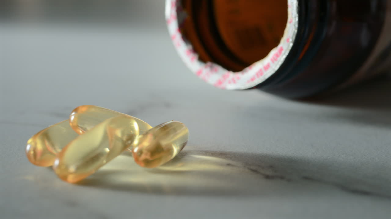 Close up of fish oil supplements scattered on a white table near a pill bottle