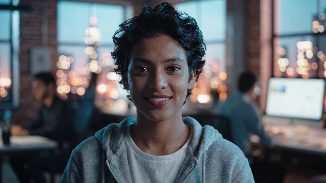 Portrait of a confident young woman with a cheerful smile in an urban workspace, surrounded by colleagues in a modern office setting during twilight hours.