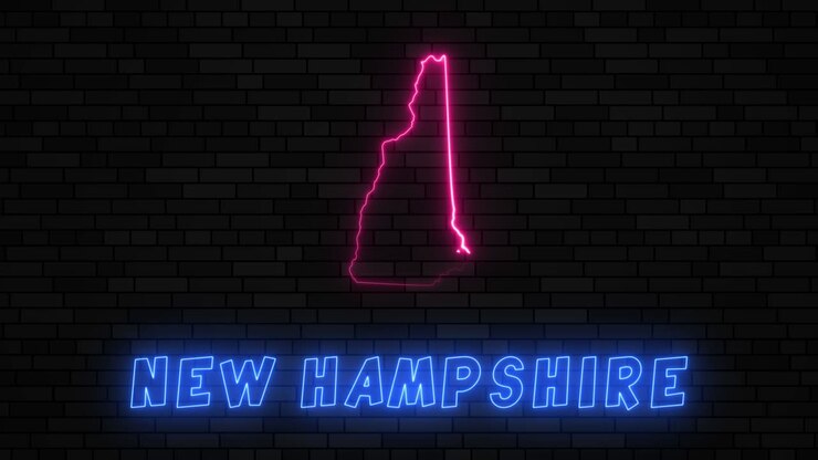 State of New Hampshire map silhouette with neon line on a dark brick wall background