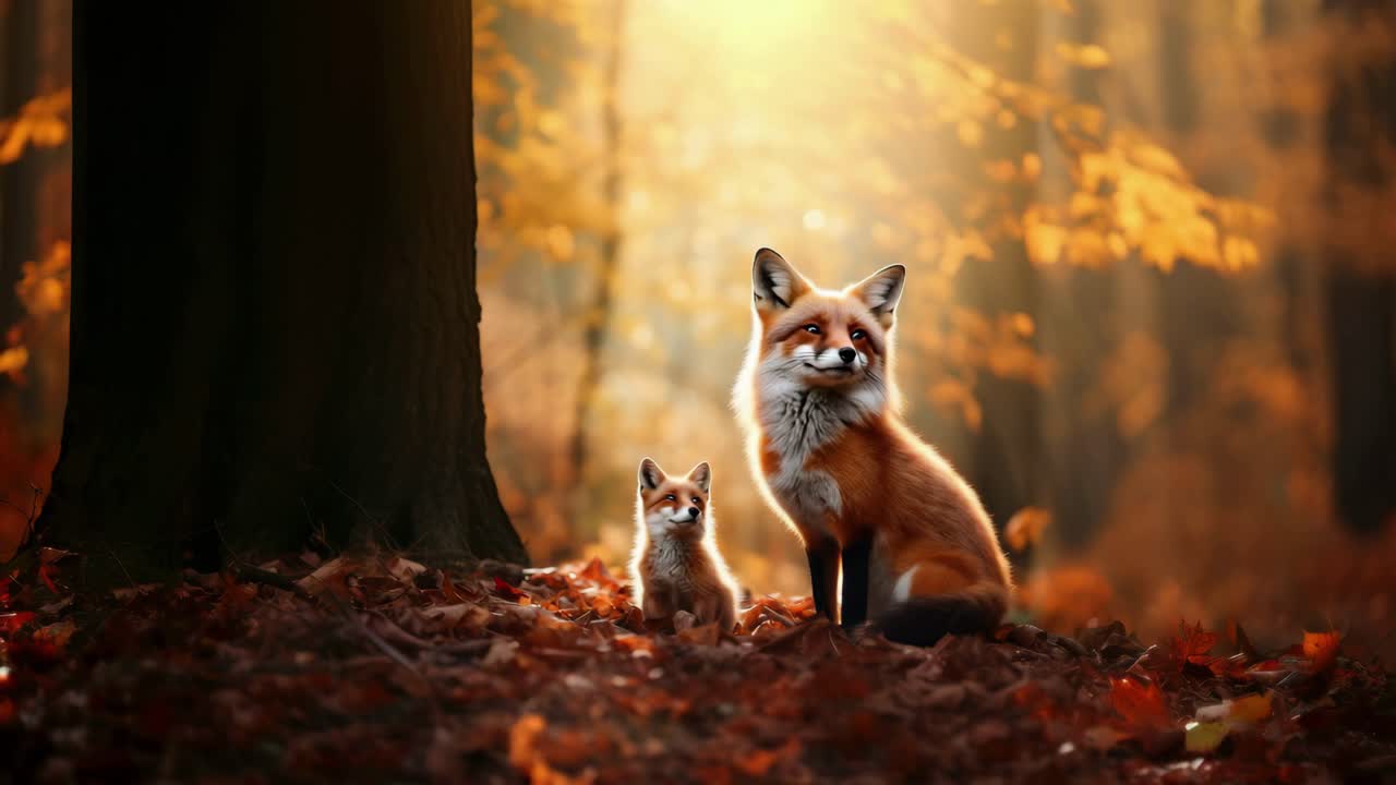 A serene video concept featuring a low-angle shot of a fox and its cub in an autumn forest, bathed