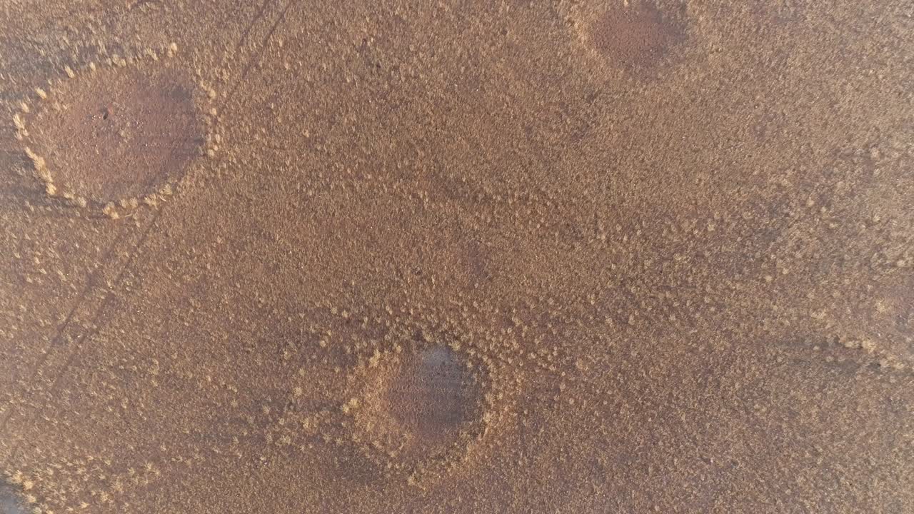4K circular zoom out aerial view of the famous fairy circles in the Namib desert,Namibia
