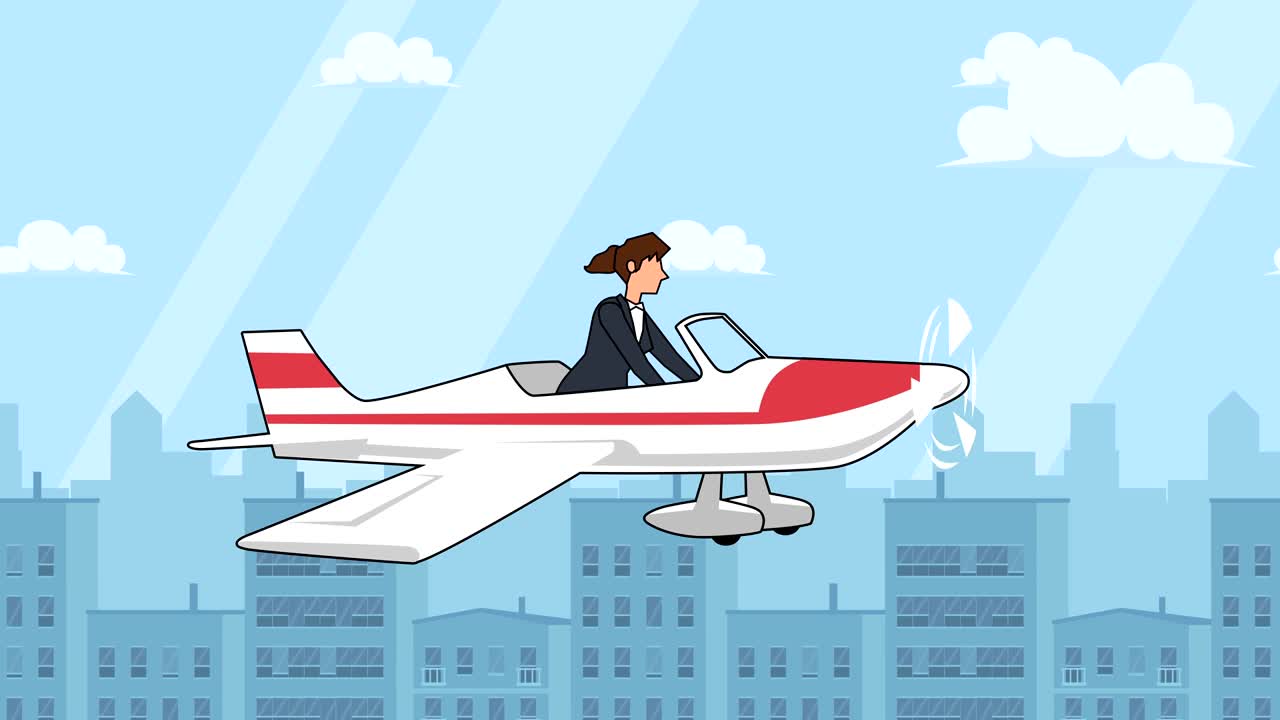 personaje de mujer de negocios de dibujos animados plano volando en avión rojo animación de avión con alfa mate