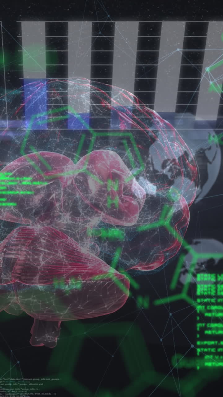 animación de fórmulas químicas y procesamiento de datos sobre un cerebro giratorio sobre un fondo negro