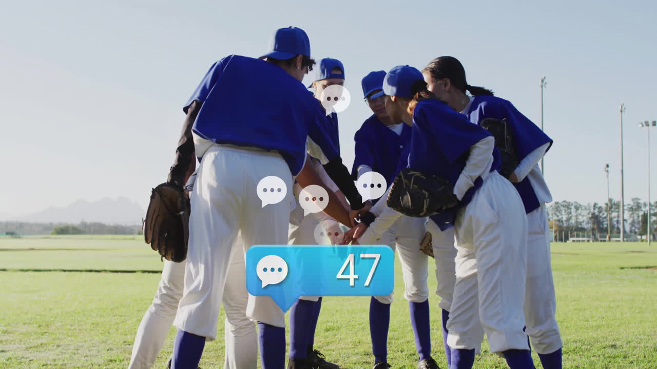 female baseball team joining training huddle on grassy field, with animated health charts floating