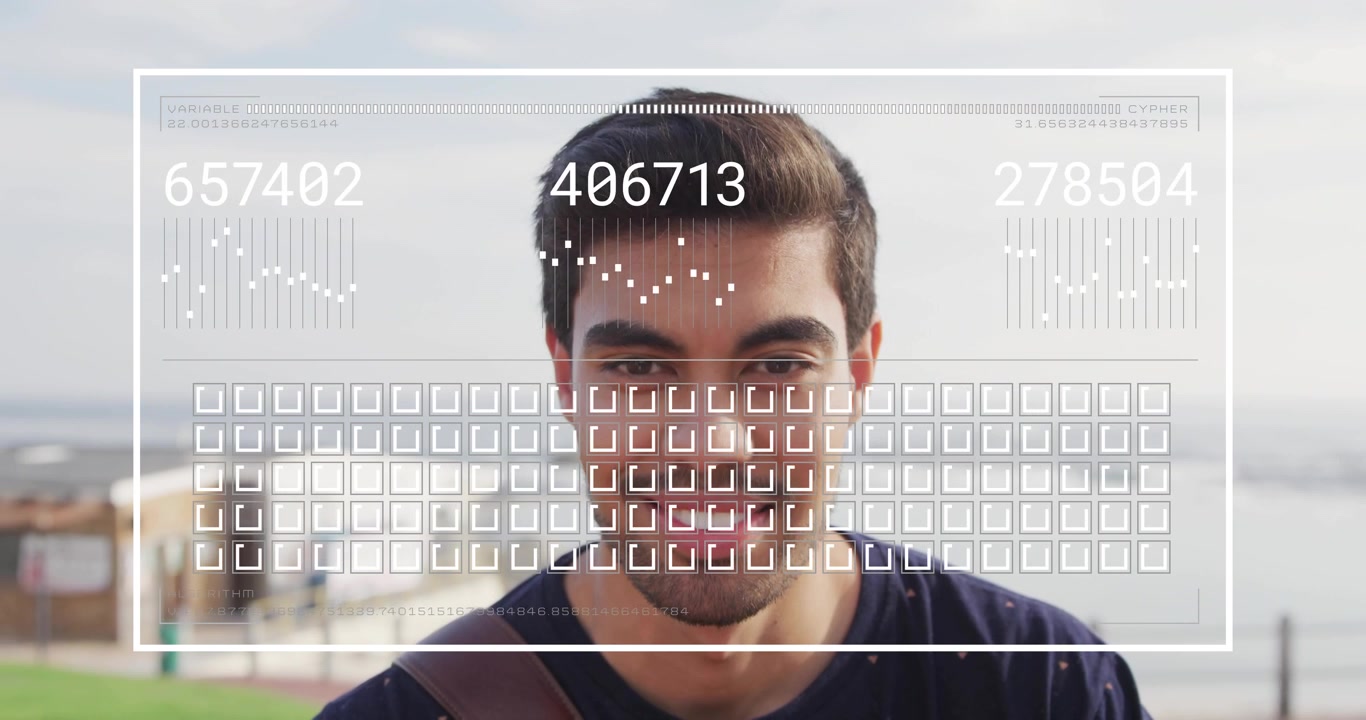 Man standing on pier, focus box appearing and initiating biometric HUD scanning numeric grid for ID