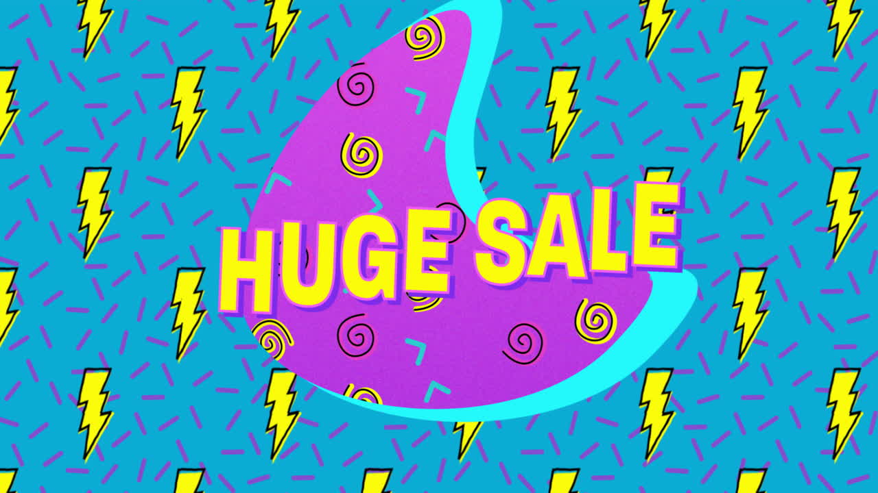 enorme animación de texto de venta sobre un fondo colorido con relámpagos y remolinos