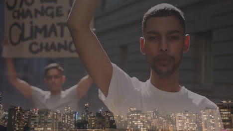 animation of biracial men raising hands over cityscape