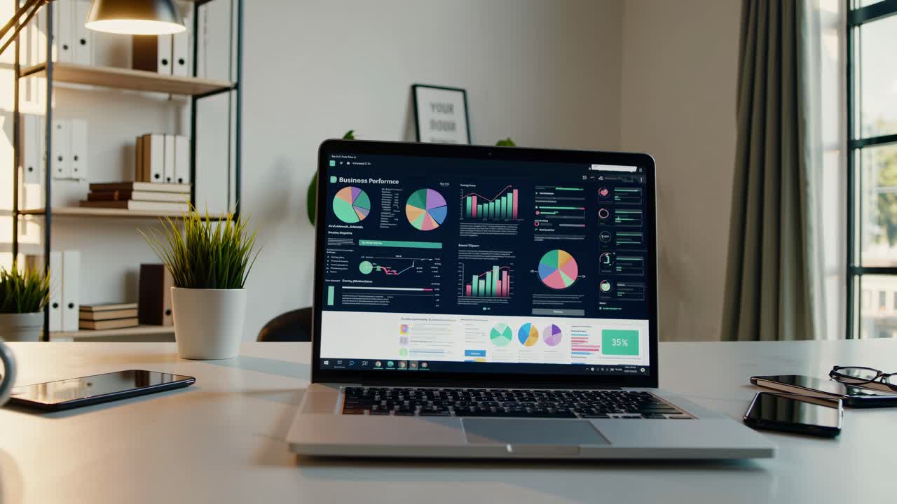 A modern office desk with a laptop displaying colorful business analytics
