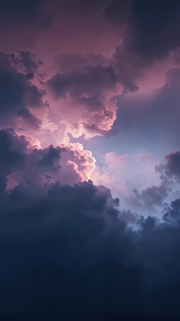 Vertical video: Shifting with sunrise glow, cumulus revealing sunlit gap in open sky, with pink rim