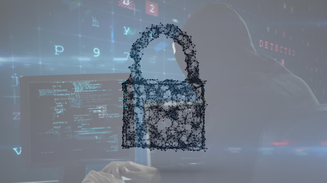 animación de números que caen y candado de seguridad en línea sobre hacker usando computadora