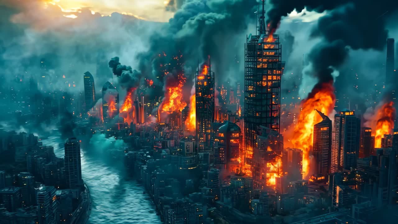 A city in the middle of a city on fire at night