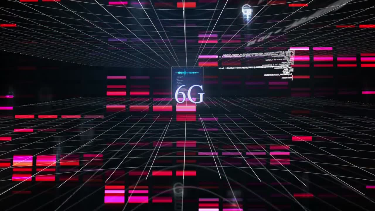 animación de texto y procesamiento de datos de 6g sobre fondo negro