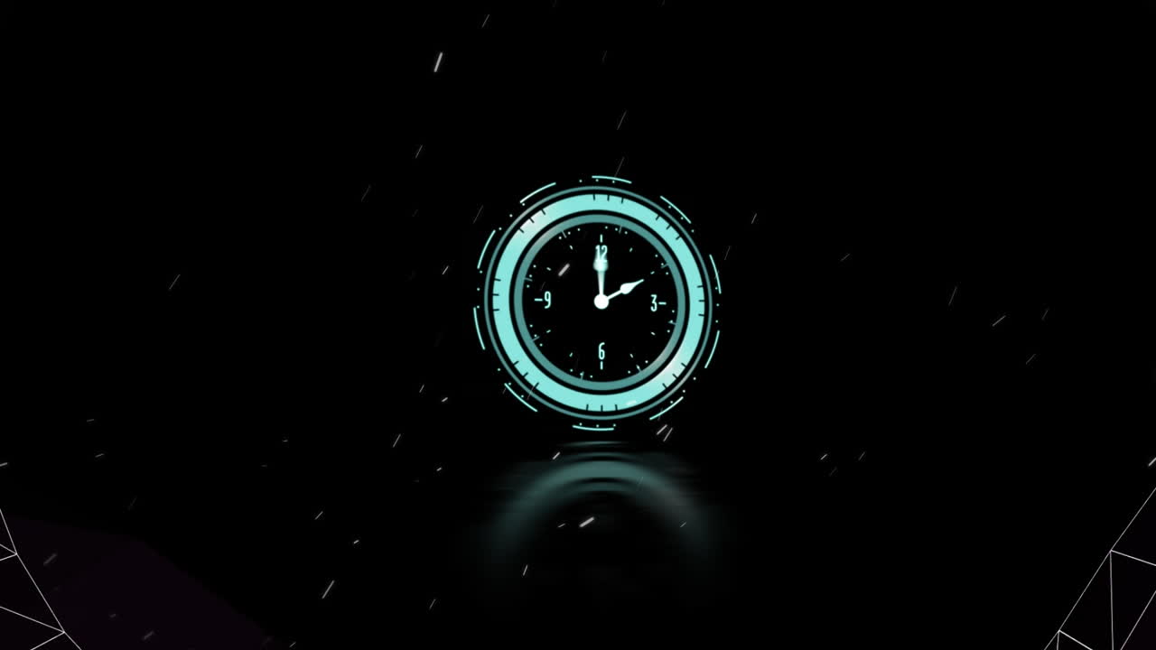 Animation of flying white specks over clock with turning hands and pink and white tunnel, on black
