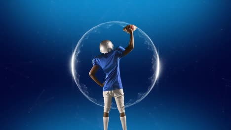 Animation-of-rear-view-of-american-football-player-holding-up-ball,-with-moving-white-sphere-on-blue