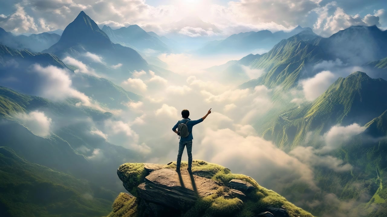 Adventurer on Mountain Peak Pointing Towards Vast Cloud Valley