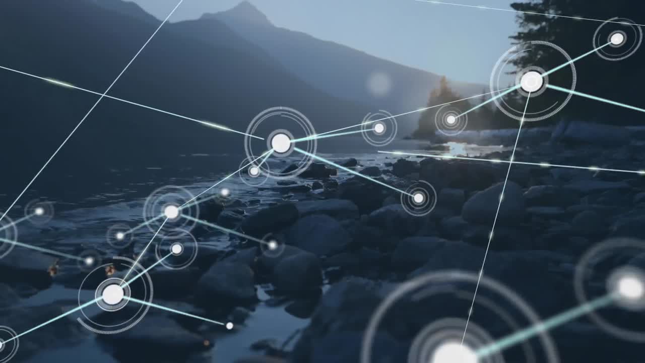 animación de puntos conectados sobre el río que fluye entre las montañas contra el cielo