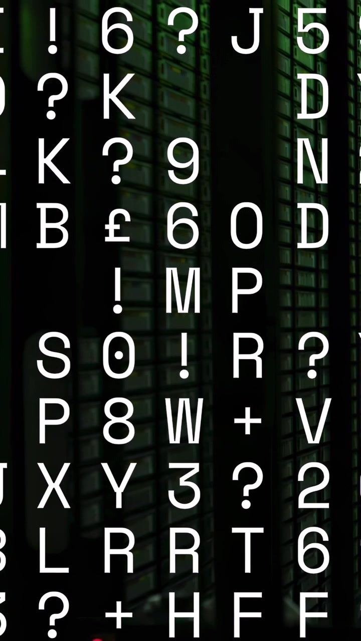 Vertical video: Data feed starting white glyph columns scrolling over green racks showing status