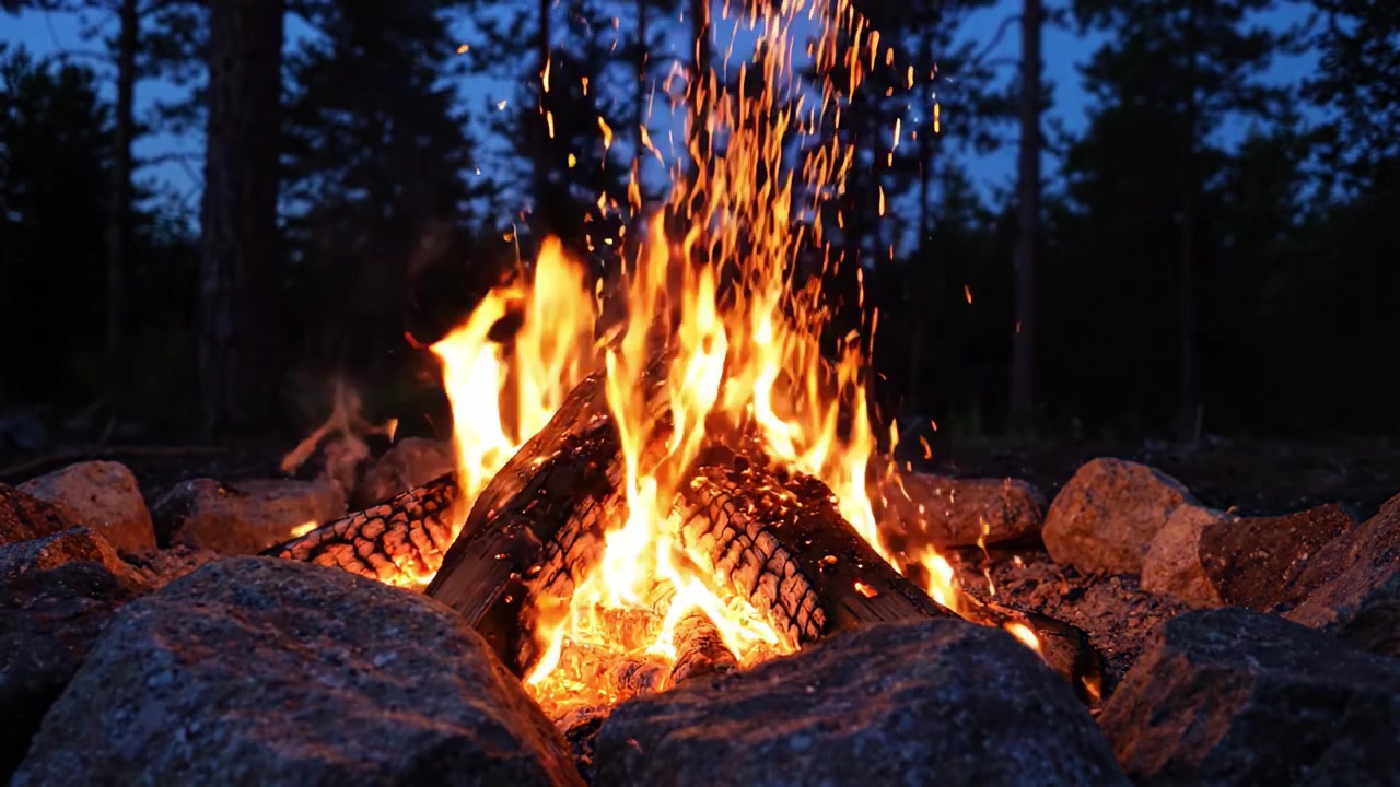 Un fuoco accattivante abbracciato dalle rocce, che illumina la foresta circostante, creando un'atmosfera calda sotto il cielo notturno, ideale per falò e raduni
